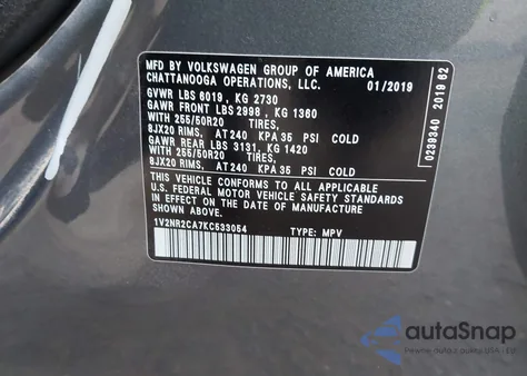 2019 Volkswagen Atlas 3.6L V6 Sel Premium from USA, damaged, VIN 1V2NR2CA7KC533054